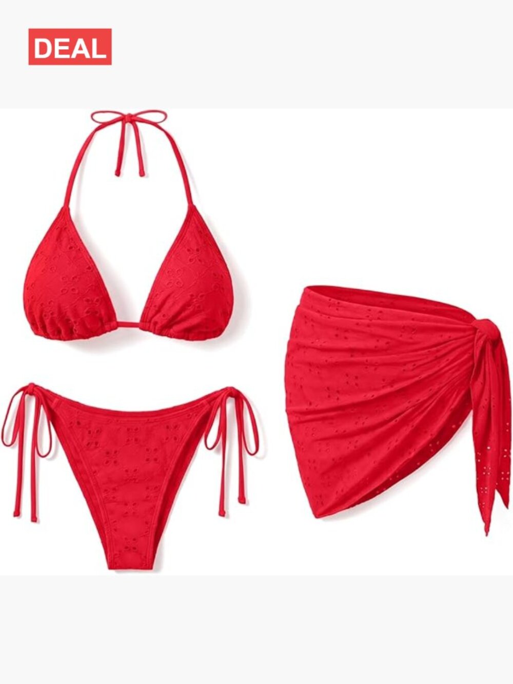 3 Piece Triangle Bikini Set with Cover Up Halter String Tie Side Bathing Suits